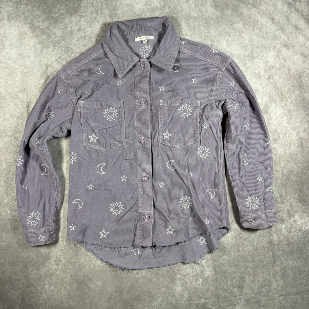 PacSun Purple Corduroy Celestial Sun Moon Star Embroidered Raw Hem Shirt XS/S